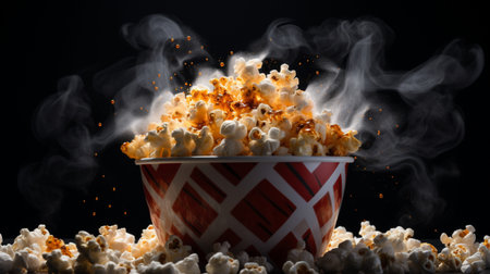 Salted hot Popcorn with smoke in bowl or bucket isolated on black backgroundの素材