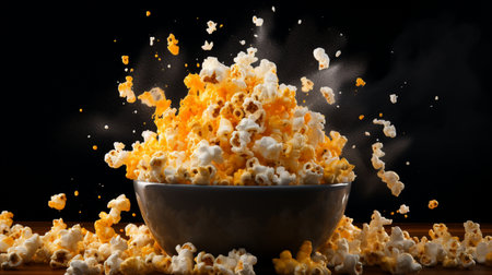 Salted hot Popcorn with smoke in bowl or bucket isolated on black backgroundの素材