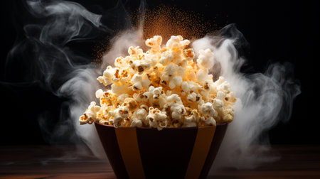 Salted hot Popcorn with smoke in bowl or bucket isolated on black backgroundの素材