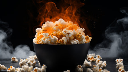 Salted hot Popcorn with smoke in bowl or bucket isolated on black backgroundの素材
