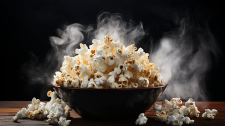 Salted hot Popcorn with smoke in bowl or bucket isolated on black backgroundの素材
