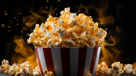Salted hot Popcorn with smoke in bowl or bucket isolated on black backgroundの素材