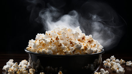 Salted hot Popcorn with smoke in bowl or bucket isolated on black backgroundの素材
