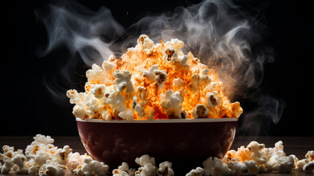 Salted hot Popcorn with smoke in bowl or bucket isolated on black backgroundの素材
