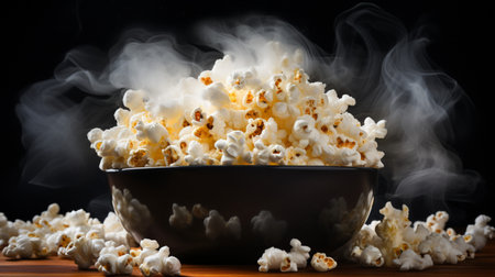 Salted hot Popcorn with smoke in bowl or bucket isolated on black backgroundの素材