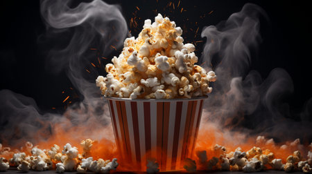 Salted hot Popcorn with smoke in bowl or bucket isolated on black backgroundの素材