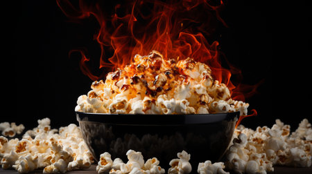 Salted hot Popcorn with smoke in bowl or bucket isolated on black backgroundの素材