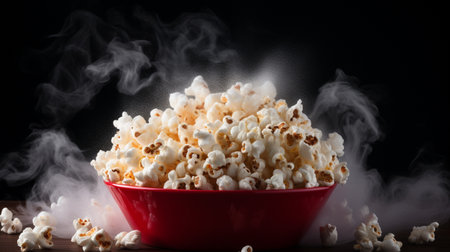 Salted hot Popcorn with smoke in bowl or bucket isolated on black backgroundの素材