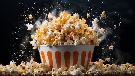 Salted hot Popcorn with smoke in bowl or bucket isolated on black backgroundの素材