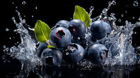 Fresh juicy Blueberry fruit with water splash isolated on background, healthy fruit.の素材