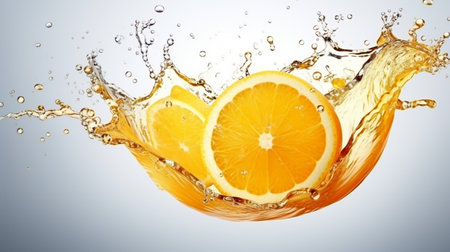 Fresh juicy orange fruit with water splash isolated on background, healthy fruit.の素材