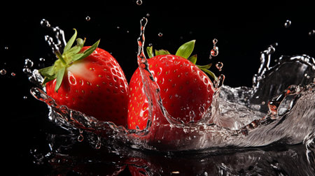 Fresh juicy strawberry fruit with water splash isolated on background, healthy fruit.の素材