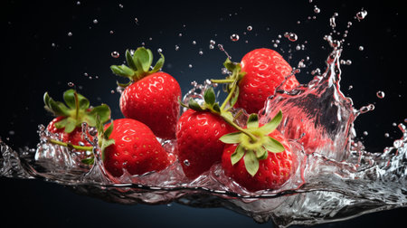 Fresh juicy strawberry fruit with water splash isolated on background, healthy fruit.の素材