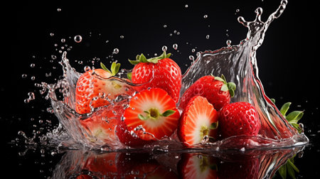 Fresh juicy strawberry fruit with water splash isolated on background, healthy fruit.の素材