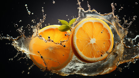 Fresh juicy orange fruit with water splash isolated on background, healthy fruit.の素材
