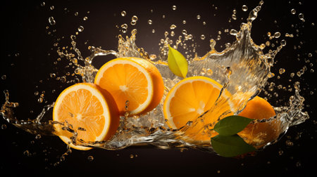 Fresh juicy orange fruit with water splash isolated on background, healthy fruit.の素材