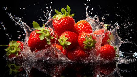 Fresh juicy strawberry fruit with water splash isolated on background, healthy fruit.の素材