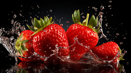Fresh juicy strawberry fruit with water splash isolated on background, healthy fruit.の素材