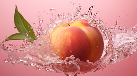 Fresh juicy peach fruit with water splash isolated on background, healthy fruit.の素材
