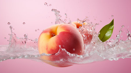 Fresh juicy peach fruit with water splash isolated on background, healthy fruit.の素材