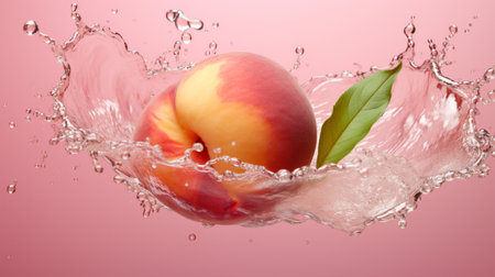 Fresh juicy peach fruit with water splash isolated on background, healthy fruit.の素材
