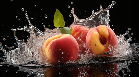 Fresh juicy peach fruit with water splash isolated on background, healthy fruit.の素材