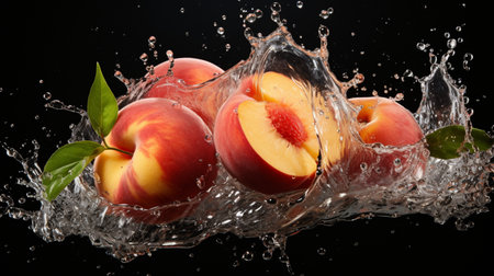 Fresh juicy peach fruit with water splash isolated on background, healthy fruit.の素材