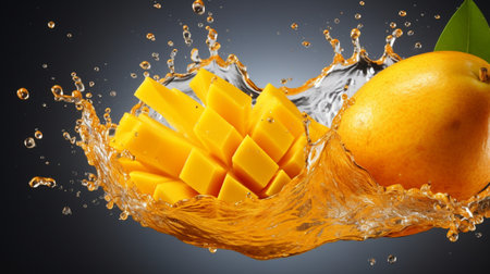 Fresh juicy mango with water splash isolated on background, healthy tropical fruit.の素材
