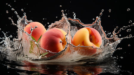Fresh juicy peach fruit with water splash isolated on background, healthy fruit.の素材