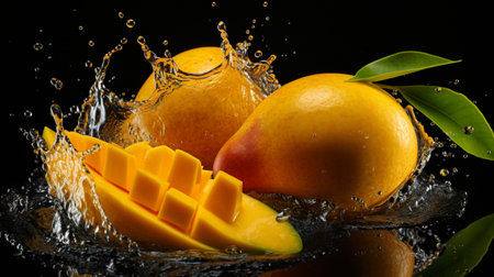 Fresh juicy mango with water splash isolated on background, healthy tropical fruit.の素材