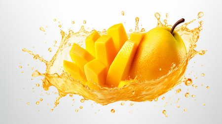 Fresh juicy mango with water splash isolated on background, healthy tropical fruit.の素材