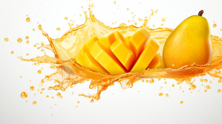 Fresh juicy mango with water splash isolated on background, healthy tropical fruit.の素材