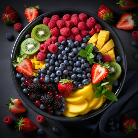 bowl of healthy fresh fruit salad, close up of a colorful Mixed tropical fruit, Copy space.の素材