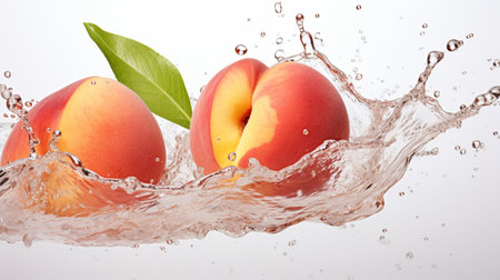 Fresh juicy peach fruit with water splash isolated on background, healthy fruit.の素材