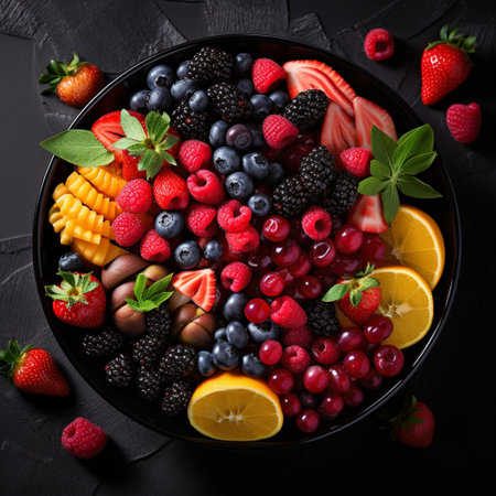 bowl of healthy fresh fruit salad, close up of a colorful Mixed tropical fruit, Copy space.の素材