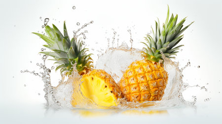 Fresh juicy pineapple fruit with water splash isolated on background, healthy tropical fruit.の素材