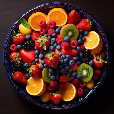 bowl of healthy fresh fruit salad, close up of a colorful Mixed tropical fruit, Copy space.の素材