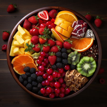 bowl of healthy fresh fruit salad, close up of a colorful Mixed tropical fruit, Copy space.の素材