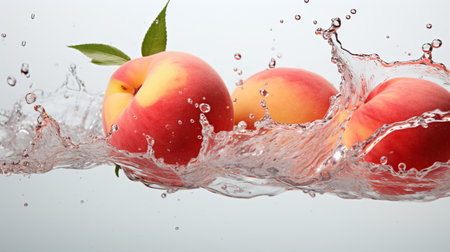 Fresh juicy peach fruit with water splash isolated on background, healthy fruit.の素材