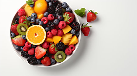 bowl of healthy fresh fruit salad, close up of a colorful Mixed tropical fruit, Copy space.の素材