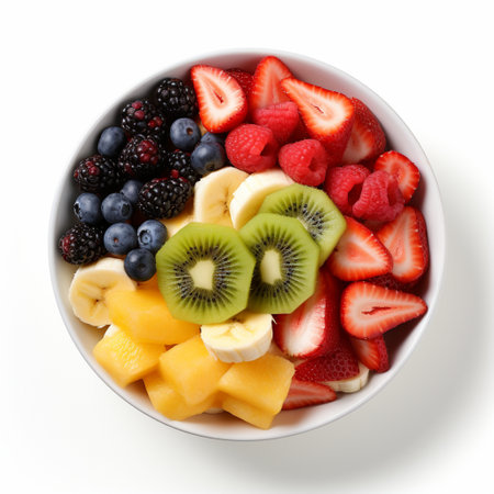 bowl of healthy fresh fruit salad, close up of a colorful Mixed tropical fruit, Copy space.の素材