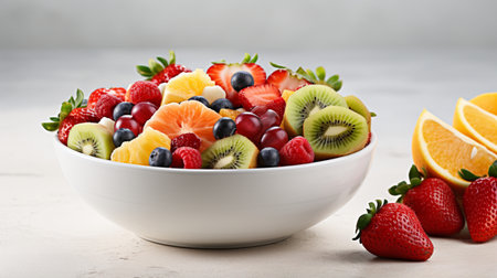 bowl of healthy fresh fruit salad, close up of a colorful Mixed tropical fruit, Copy space.の素材