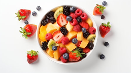bowl of healthy fresh fruit salad, close up of a colorful Mixed tropical fruit, Copy space.の素材