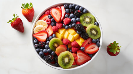 bowl of healthy fresh fruit salad, close up of a colorful Mixed tropical fruit, Copy space.の素材