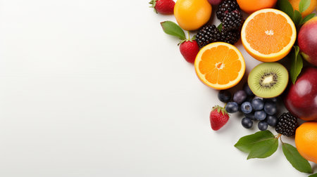 Fresh organic fruits lineup isolated on background, copy space.の素材