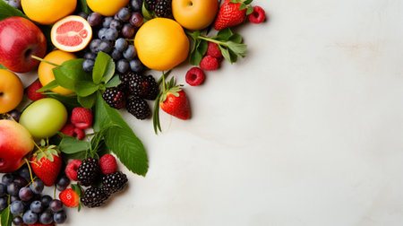 Fresh organic fruits lineup isolated on background, copy space.の素材