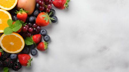 Fresh organic fruits lineup isolated on background, copy space.の素材