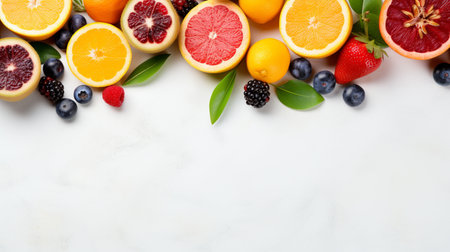 Fresh organic fruits lineup isolated on background, copy space.の素材