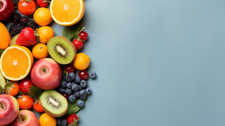 Fresh organic fruits lineup isolated on background, copy space.の素材