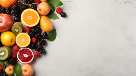 Fresh organic fruits lineup isolated on background, copy space.の素材